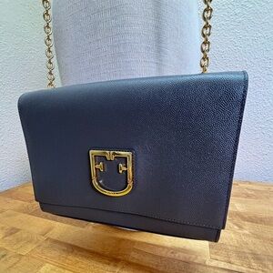 Furla 1927 Medium Gray Textured Leather Shoulder Bag Gold Chain Crossbody